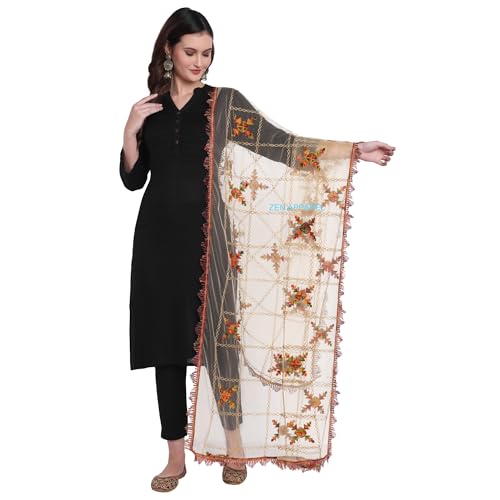 Image of ZEN APPAREL Women's Embroidered Net Dupatta with Lace Borders (Z-101) Premium Net Fabric Golden Aari Work