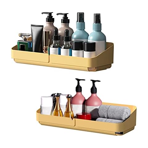 Fineget Plastic Shower Caddy Removable Adhesive Shower Shelves Large Wall Basket Shelf for Bathroom Kitchen Bathtub Rustproof No Drill Shower Storage Organizer Caddy Quick Dry Yellow 2 Pack Cover