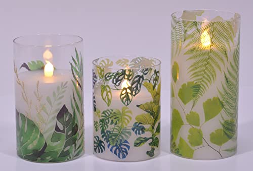 Image of Mark Feldstein & Associates Green Botanical Garden Print Flameless LED Glass Pillar Candles, Set of 3, 6 Inch