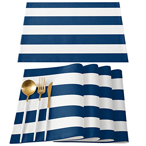 Lidu Classic Homespun Blue Ticking Stripe Placemats Set Of 6, Natural Cream Blue Stripes Place Mat Indoor For Dining Table Washable Non-Slip Kitchen Table Mats 13X19 Inch Table Cover #TOP25