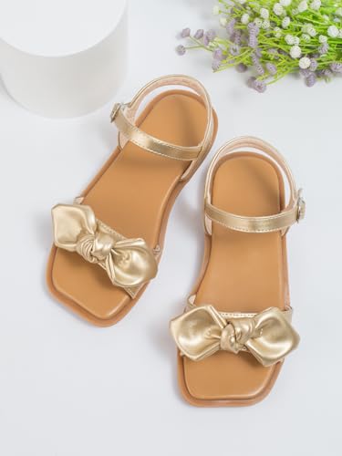 OYOANGLE Girl's Metallic Bow Decor Sqaure Open Toe Sandals Ankle Strap Dress Shoes4