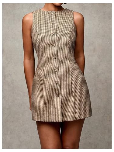 SOLY HUX Women's Plaid Button Down Dress Crew Neck Sleeveless Tie Back Work Office Mini Dresses4