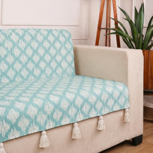 Image of STITCHNEST 'Verdant Ikat Stories' 2 Seater Sofa Cover - Full Coverage| Elegant Jacquard Fabric, Decorative Tassels, Washable & Durable for Modern Living