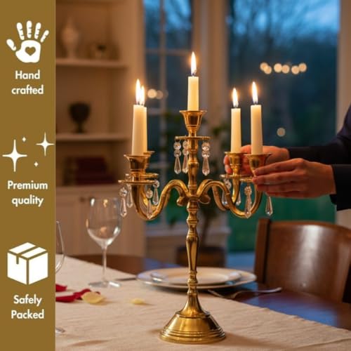 Image of Premium 16 Inch Golden Aluminum 5-Arm Candle Stand with Crystal Hangings | Luxury Centerpiece for Home Decor, Weddings, Festive Decoration & Dining Table