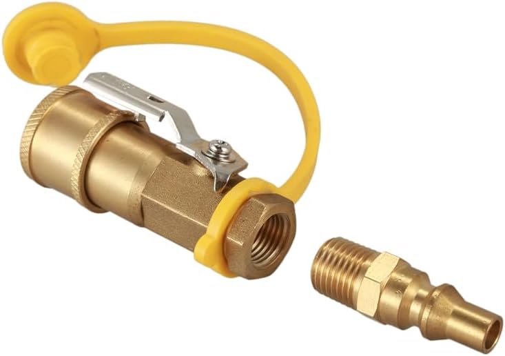 Propane Natural Gas 1/4 inch Quick Connect Kit - Shutoff Valve & Full Flow Plug - (Color: Gold)