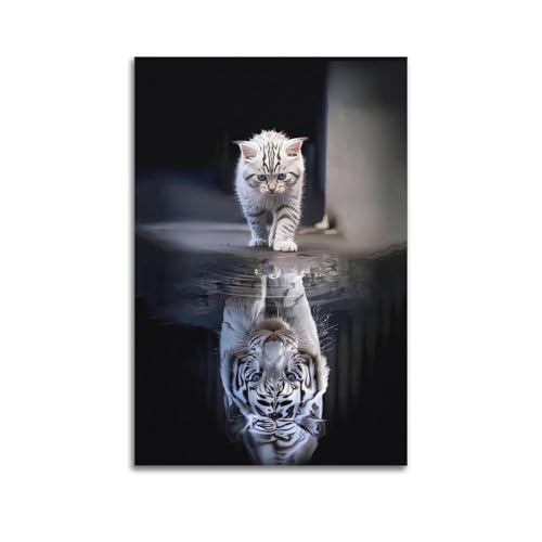 Poster inspirant Silent Grace Tigre de chaton blanc avec reflet - Poster décoratif sur toile - Impression d'art moderne pour chambre à coucher - 40 x 60 cm