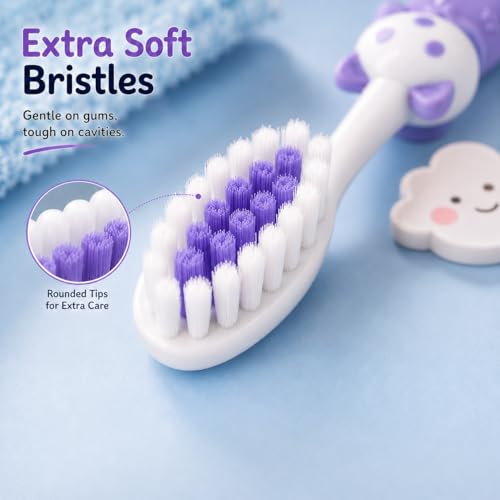 Image of Evvorio Toothbrush for Kids with Ultra Soft Bristles for Oral Cleaning, Suitable For 2-12 Years Toddlers, Cat Design, Purple, Pack of 1