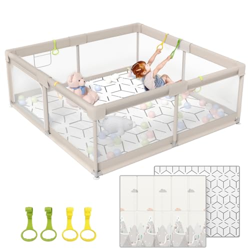 ZEEBABA Baby Playpen with Mat, Playpen for Babies (59x59x27inch), Kids Safety Play Pen for Babies and Toddlers, Extra Large Playpen Playmat, Baby Playpen Fence Gives Mommy a Break, Large Baby Play Yard