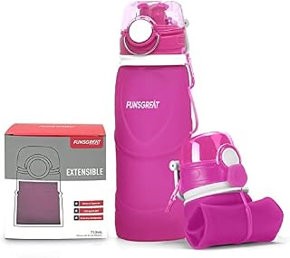 FUNSGREAT Collapsible Silicone Water Bottle 750 ML - Reusable BPA Free Foldable Sports Bottle with Hook - Lightweight Folding Water Bottle - Leak Proof Valve - Outdoor Travel Sport Camping (Pink)