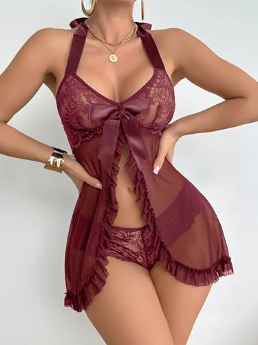 Image of Foxiny Sexy Halter Open Front Ruffle Sheer Mesh Lace Babydoll Lingerie Dress with Thong 2 Piece