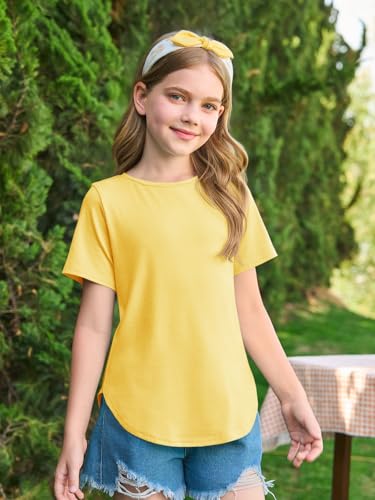Haloumoning Girls Summer Short Sleeve Shirt Kids Crewneck Curve Hem Soft Tunic Tops T-Shirts 5-14 Years2
