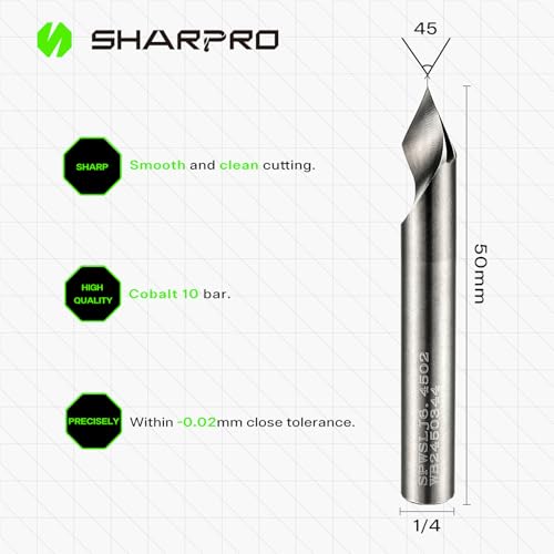 Sharpro SPWSLJ6.4502 Chamfer End Mill V Groove O Flute Spiral Router Bit 45 Degree 1/4 Inch Shank Cnc Carbide V-Bit thumb #1