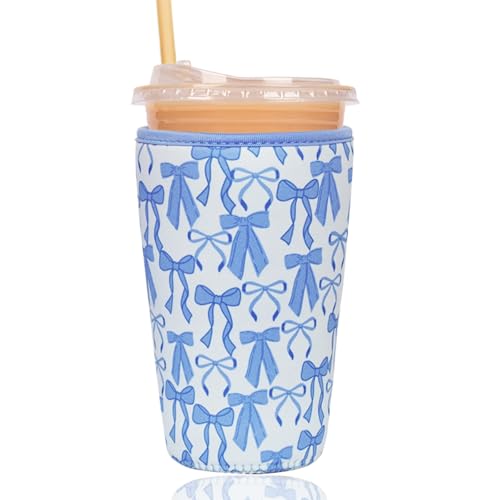 Image of Reusable Insulated Sleeve for Iced Coffee Cup, Coffee Neoprene Sleeve for Cold & Hot Drinks, Beverage Holder for Iced Coffee (Blue Bows, Large: 32oz)