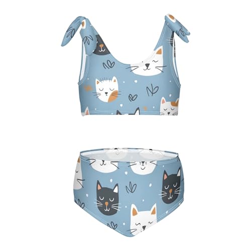 Girls' Bikini Set, Cat Faces on A Blue Background Kids Swimsuit 2 Pcs Beach Bathing Suit