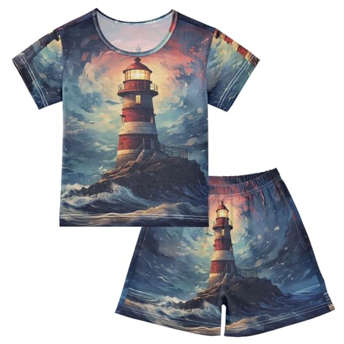 ALAZA Nautical Lighthouse Starry Night Pajama Set Short Sleeve Sleepwear Soft Lounge Nightwear