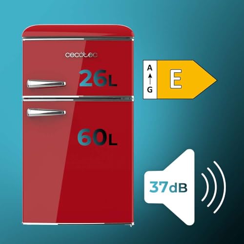 Cecotec Kleiner Kühlschrank - 2-türiger Kühlschrank - Retro 86L - Bolero CoolMarket 2D Origin 86 Red E. 89,3 cm Höhe und 48,7 cm Breite, Energieklasse E, Eisfach, Innenbeleuchtung und Chromgriff, Rot