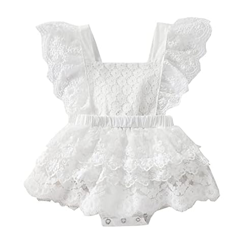 Newborn Baby Girl Birthdy Outfit Lace Square Neck Ruffled-Sleeve Backless Romper Bodycuit Jumpsuit Layered Skirt Dress (White,6-12 Months) Cover
