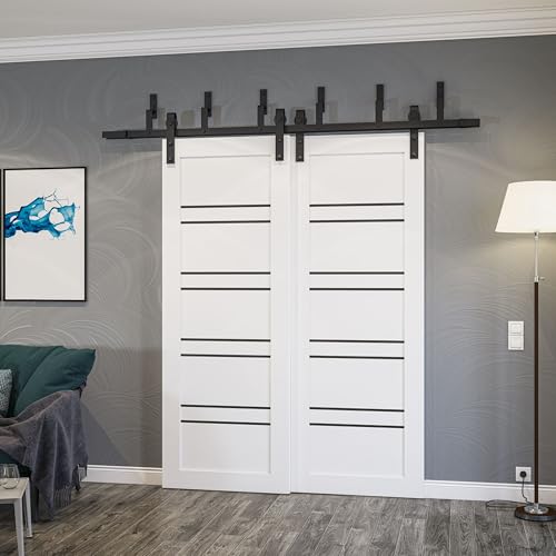 Image of Sartodoors Sliding Interior Door 1094 Barn Bypass White with Black Opaque Glass Solid MDF Modern Design 60 x 96 in