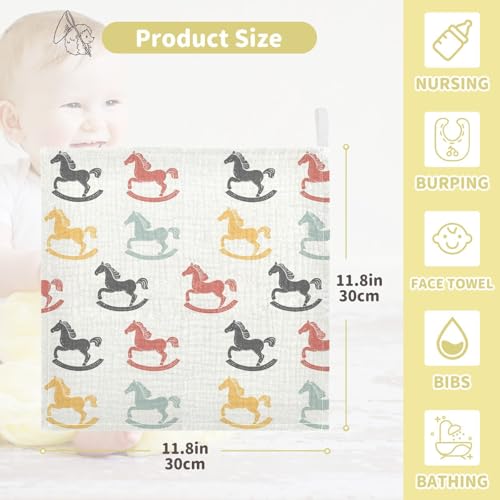 vvfelixl Cartoon Colorful Toy Rocking Horse Baby Burp Cloths Baby Muslin Washcloths for Boys Girls Cotton Babys Face Towel for Newborn Infants Soft and Absorbent 11.8 X 11.8 in, 5 Pack4