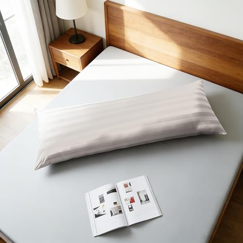 Image of 100% Egyptian Cotton Body Pillow Cover Long Pillow Case, 600 Thread Count Bed Pillow Protector with Zipper, Sateen Weave Full Body Pillowcase for Adults 20x54 Inches (1PC, Body, Striped Light Beige)