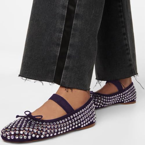 Pazzion Women's Crystals Studs Round Toe Mary Jane Flats Bows Slip On Single Strap Cutout Ballet Shoes Dancing Prom Daily Size 4-16 US4