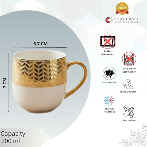 Image of Clay Craft Fine Ceramic Tea & Coffee Cups Set of 6| 200 Ml Designer Cups with Gold Handle & Elegant Pattern | Ideal for Home| Guests & Gifting