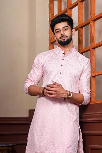 Image of ALMORA Men's Embroidered with Thread Work and Cotton Blend Only Slim Fit Kurta for Men