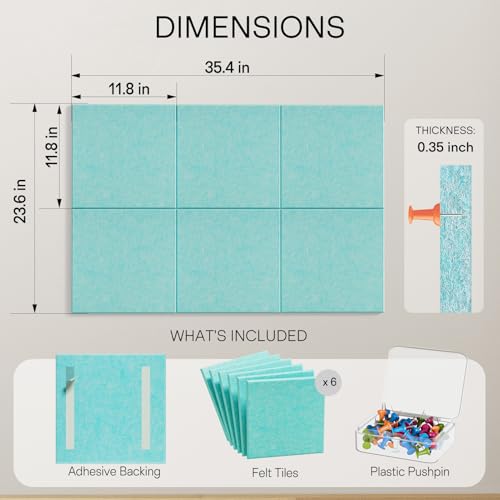 Image of MaxGear Felt Bulletin Board 36 inch x 24 inch, Aqua Blue Felt Wall Tiles Push Pins