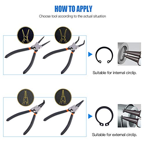 Glarks 4Pcs 7-Inch Internal/External Circlip Plier Snap Ring Pliers With 4Pcs Precision Hook Set For Ring Remover Retaining And Remove Hoses, Gaskets #TOP3
