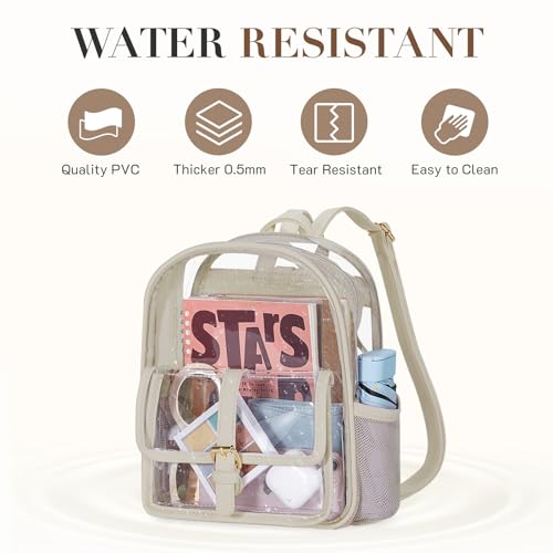 Missnine Clear Backpack Stadium Approved, Heavy Duty PVC Mini Clear Bag with Leather Trim for Concert, Sport Events, Daily, Khaki - Thumbnail 4