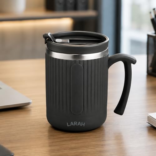 Image of Larah by BOROSIL 350 ml FlipSip Coffee Mug, Flip Lid, Steel Inner (Black)