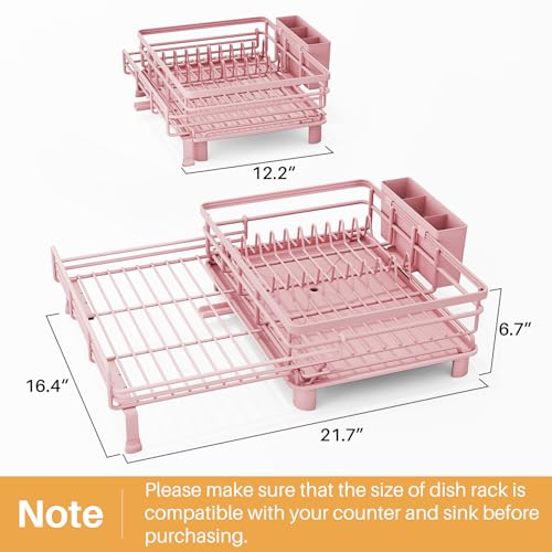 Image of SNTD Dish Drying Rack - Extendable Dish Rack, Large Sink Drying Dish Drainer for Kitchen Counter, Stainless Steel Dish Strainer with Utensil Holder (Pink)