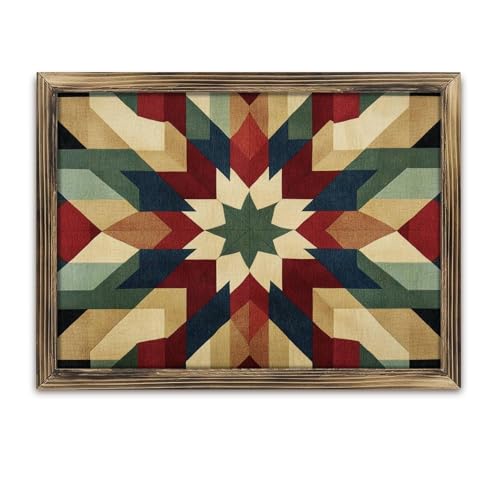 Rustic Long Wooden Framed Art " Geometric Textile Star Quilt Pattern Home Decor " Farmhouse Style Wall Decor Sign for Tabletop Or Hanging - Durable Handcrafted Wood Print - Home & Office Decoration
