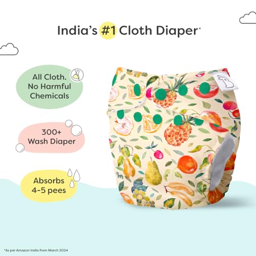 Image of superbottoms UNO Freesize Premium Cloth Diaper for babies (3m-3y) + Organic Cotton Pad | Washable & Reusable 300+ Times | Superior Absorption | Waterproof | Super Soft & Gentle - Fruit-burst, 1 count