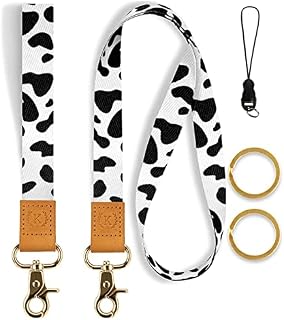 Neck Lanyard & Wrist Strap Set, Lanyard Neck Strap Keychain Wristlet Keychain ID Lanyard Neck Leather Lanyard, for Car Keys ID Badges Card Holder Wallet (Black & White Style)