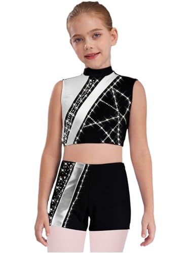 Kids Girls Gymnastics Outfit Set Glitter Metallic Crop Top with Shorts for Dance Stage Performances Silver 14 Years