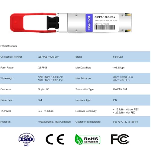 Image of QSFP28 100G ER4 Lite Transceiver Module,Compatible with Fortinet QSFP28-100G-ER4 100GBASE-ER4 QSFP28 1310nm LAN WDM 40km with FEC,30km Without FEC LC SMF DDM