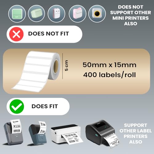 Image of SEZNIK Sticky Thermal Lables, 50mmx15mm Label Roll Paper, 2 inch Self-Adhesive Thermal Paper for Mini Thermal Printer, POS, Receipt Machine (Pack of 5 Rolls), 2000 Labels