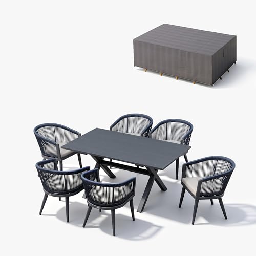 Image of PURPLE LEAF Outdoor Dining Set for 6 with Cushions PE Rattan Grey w /Cover