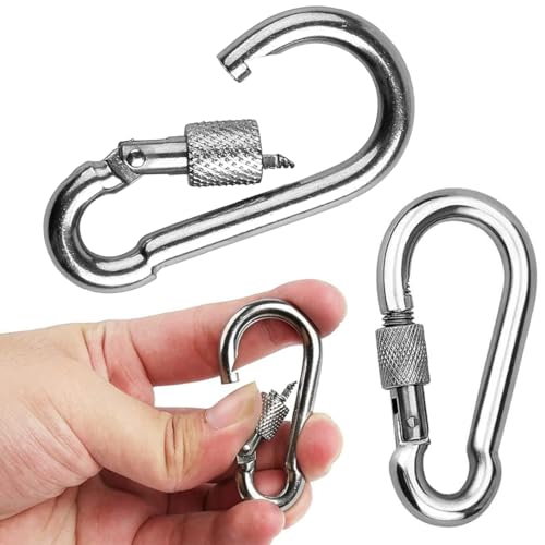 YOYEAH Juego de 2 mosquetones de rosca de acero inoxidable superfuertes: mosquetón grande y resistente, mosquetón con cierre de rosca, mosquetón de seguridad para camping, escalada, capacidad de carga