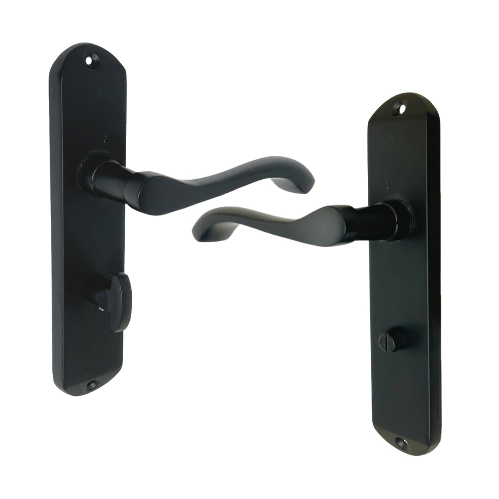 Epsom Door Handle Cadenza Matt Black Victorian Scroll Bathroom Door Handles with Thumbturn & Release – Internal Door Handle Set on Backplate 178x38mm Privacy Lock