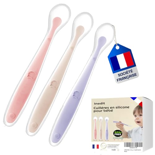 Cuillere Bebe 1er Age (3 Pièces) - Cuillère Bébé en Silicone [Marque Française] Cuillère Incurvée Souple Pour Les Repas de Bébé de Plus de 1 Mois -...