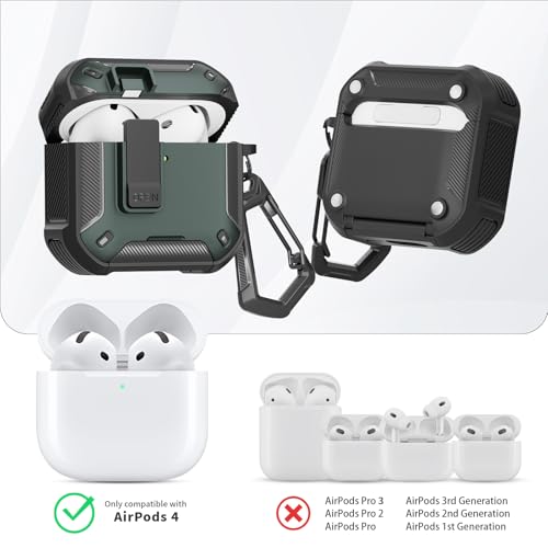 Image of for AirPods 4 Case with Magnetic Secure Lock Clip and Phone Stand, Compatible with Magsafe Charging, with Carabiner&Cleaner kit for Apple iPod 4th Generation Cover(2024) Men Women (Dark Green)