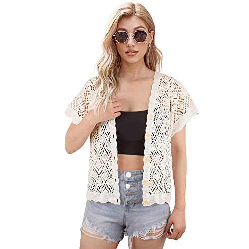 Image of Women's Open Front Knit Cropped Bolero Shrug Cardigan Sweater Short Sleeve V Neck Hollow Out Top