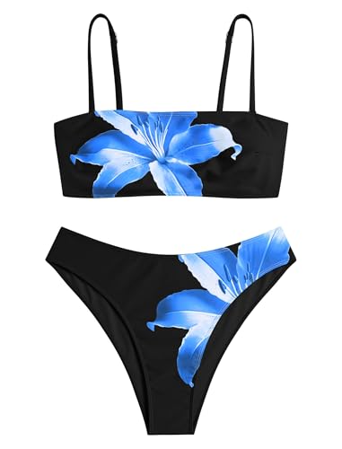 Image of ZAFUL Women's High Cut Bandeau Bikini Set Strapless Solid Color 2 Pieces Bathing Suit Swimsuit