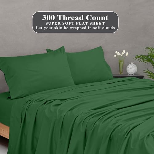 Image of Royale Linens 300 Thread Count 100% Long Staple Combed Cotton Flat Sheet - Super Soft- Top Sheets -Queen Flat Sheet Sold Separately- Breathable, Cool & Crisp Percale Sheets Only (Queen, Hunter Green)