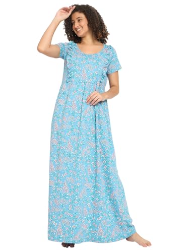 Image of Clovia Women's Rayon Printed Long Night Dress - Blue