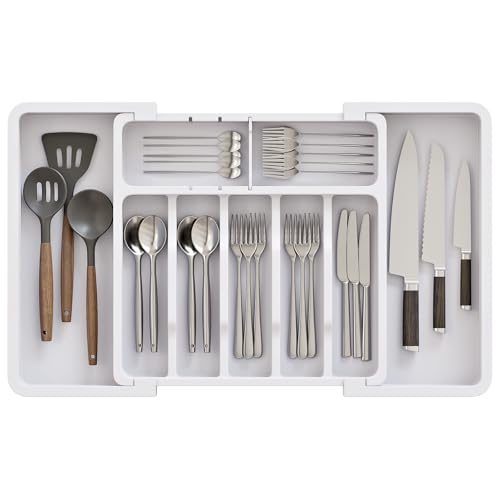 ABHENG Portaposate da Cassetto, Organizzatore di Posate, Cassetti di Utensili da Cucina Espandibile e Regolabile, con 9 Compartimenti, per Cucchiai, Forchette, Coltelli, Bianco, AFD011W