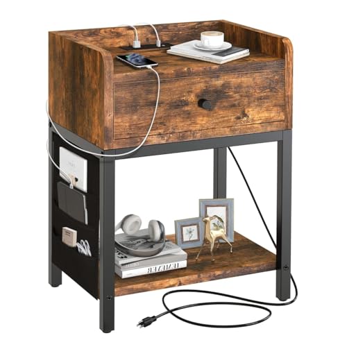 Listado de Buro de Noche de esta semana. 46 HOMELYA Buros para recamara - Mesa Auxiliar De Madera y Hierro con Estación De Carga de 2 enchufes y 2 Puertos USB - 1 cajón y 1 Bolsa de Tela Lateral Ideal para Guardar...