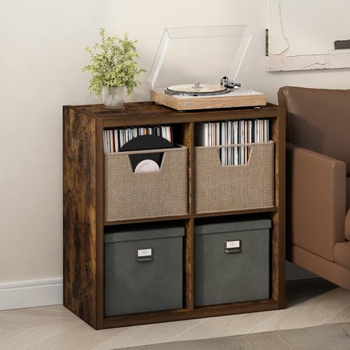 Image of Furinno Cubicle Record Player Stand, 4-Cube Record Storage, Amber Pine | Vinyl Storage, 1.2 inchInch Extra Thick, Open Back Media Shelf for CD DVD Bluray Game Disc, for Living Room, Home Office